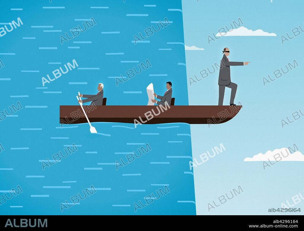 Blindfolded man leading boat with colleagues over waterfall.
