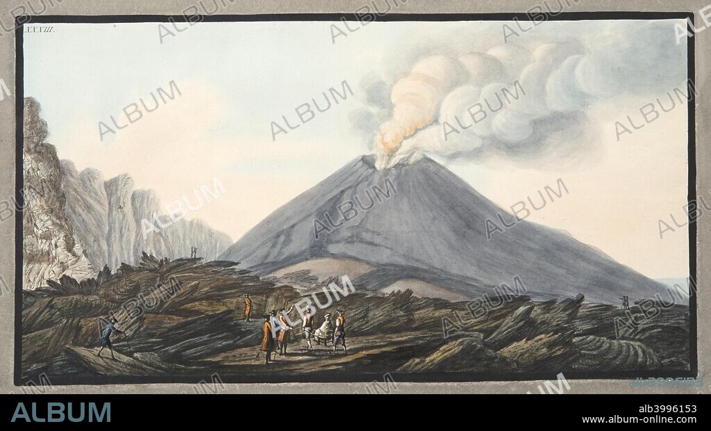 View into the Valley, Atrio di Cavalio, Plate XXXIII, from 'Campi Phlegraei: Observations on the Volcanoes of the Two Sicilies', by Sir William Hamilton (1730-1803), published 1776 (hand coloured engraving). 1. Cone of Mount Vesuvius; 2. Interior view of the Cone of the Mountain of Somma with various strata of ancient lava.