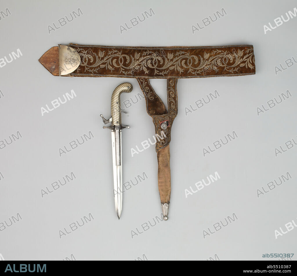 JOSEPH-CÉLESTIN DUMONTHIER. Combination Hunting Dagger and Double-Barrel Percussion Pistol, Sheath, and Belt of Emperor Maximilian of Mexico, Paris, 1864/67.