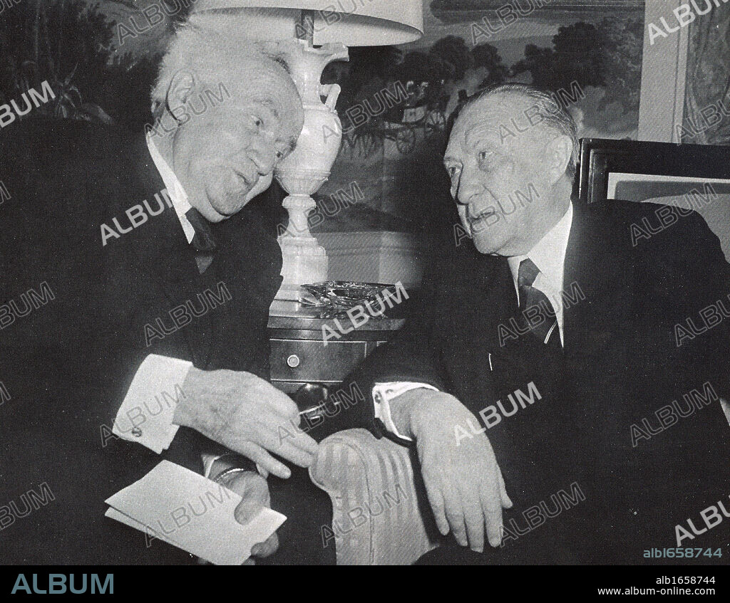 Israeli Prime Minister David Ben Gurion meeting with West German Chancellor Konrad Adenauer in New York, 14 March 1960.