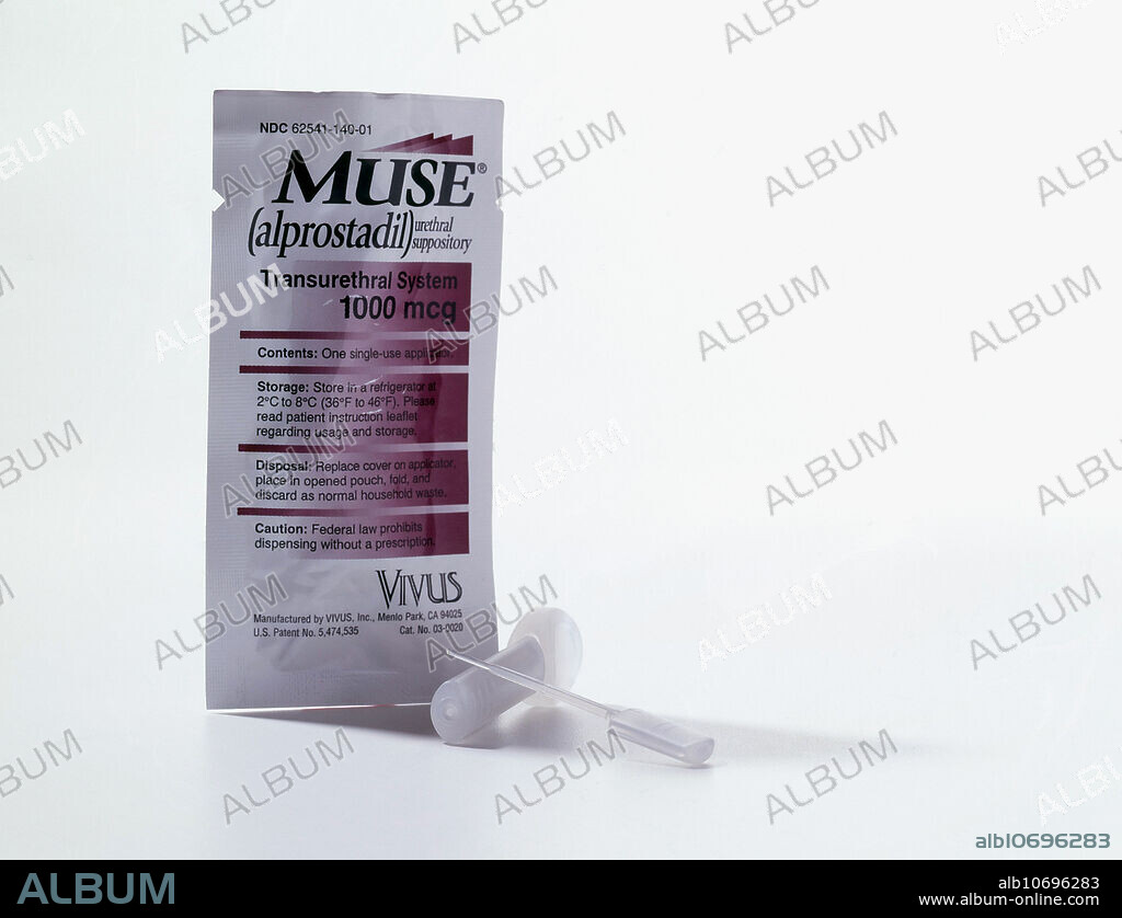 Editorial use only . Alprostadil, sold in the United States under the brand name MUSE (Medicated Urethral Suppository for Erection). It delivers alrprostadil as a penile suppository, inserted into the urethra.