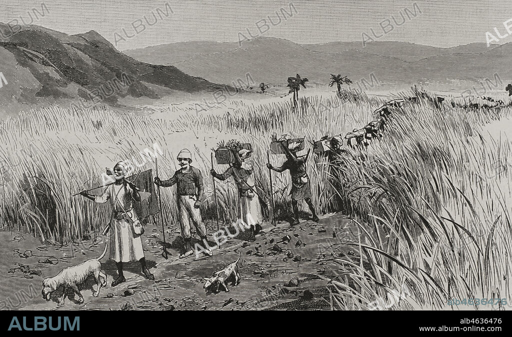Historia de Africa. Siglo XIX. Vista de una caravana de personas. Grabado por W. Meyer. El Congo y la Creación del Estado Independiente de este nombre. Historia de los Trabajos y Exploraciones Verificados, por Enrique M. Stanley. Editada en Barcelona, hacia 1890. España.