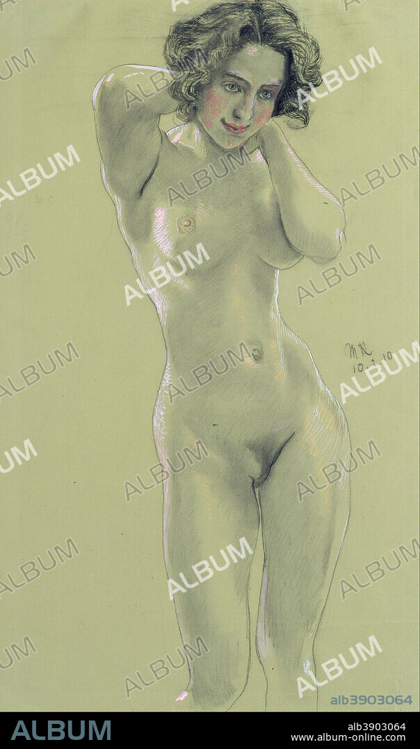 MAX KLINGER. Female Nude. Date/Period: February 10, 1910. Drawing. Charcoal, synthetic black chalk and gouache on green paper (pink, pale red, white and black gouache). Height: 715 mm (28.14 in); Width: 427 mm (16.81 in).