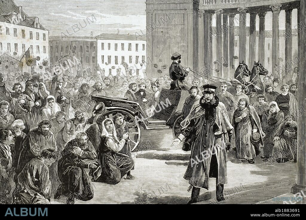 Russia. St. Petersburg. 19th century. Ovation of the people to the Czar in the portico of the Kasanski church after being the victim of an attack. Engraving. "The Spanish and American Illustration," 1879.