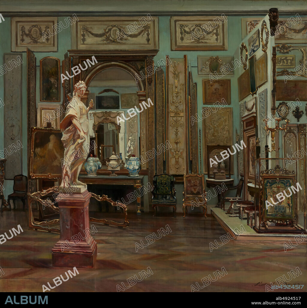 Léopold Stevens, Interior view of the Hoentschel Collection at 58 Boulevard Flandrin, Paris, French, Léopold Stevens (French, 18661935), Alfred Émile Stevens (Belgian, 18231906), ca. 1903-06, French, Oil on canvas; mounted on a carved wood stretcher and framed with carved gilt wood Louis XV frame, 29 15/16 × 31 1/2 in. (76 × 80 cm), Framed: 34 × 35 3/4 in. (86.4 × 90.8 cm), Paintings.