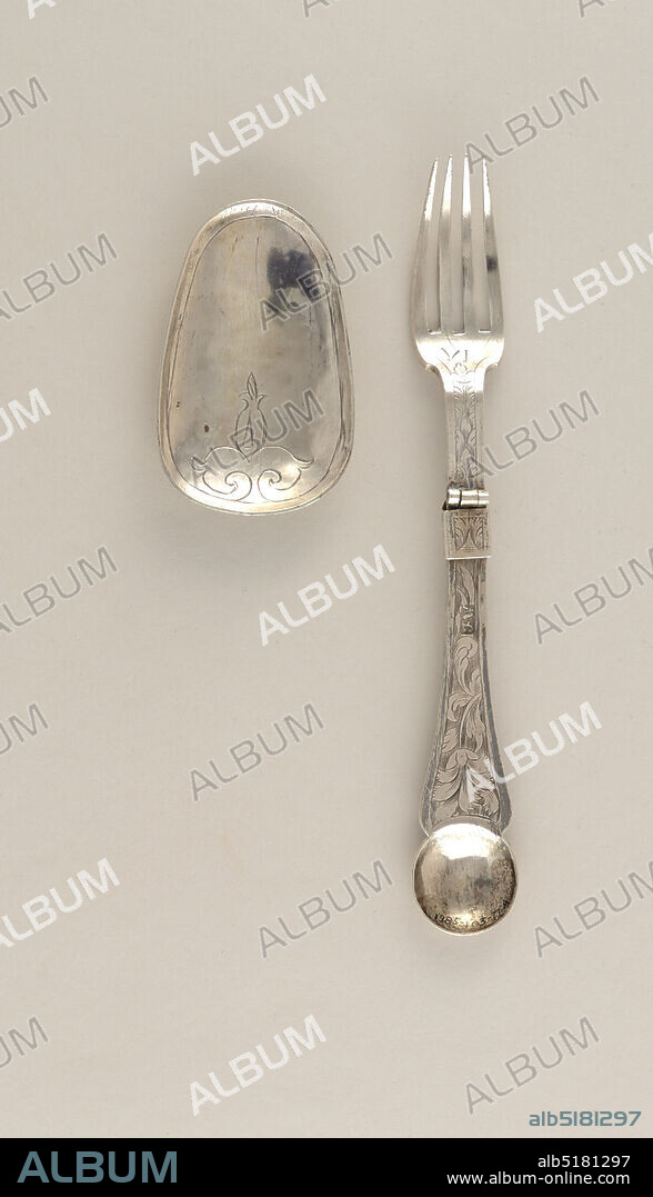 Folding fork and spoon bowl, Silver, Fork has three curved tines, flat tapering handle with bowl-shaped end, scrolled shoulders. Hinged at neck, faceted sliding lock bar. Octagonal handle with engraved fish-bone decoration and floral design, baluster shaped top., Oval spoon bowl, engraved on back with symmetrical floral design. Two slots on the back of bowl to attach the fork., Probably Augsburg, Germany, ca. 1690, cutlery, Decorative Arts, Folding fork and spoon bowl.
