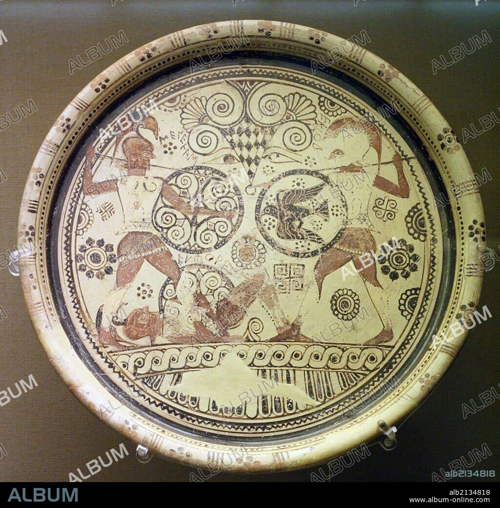 Plate showing Menelaus and Hector fighting over the body of Euphorbos.Made on Rhodes, about 600 BC. From Kamiros, Rhodes (Photo by: Universal History Archive/UIG via Getty Images).