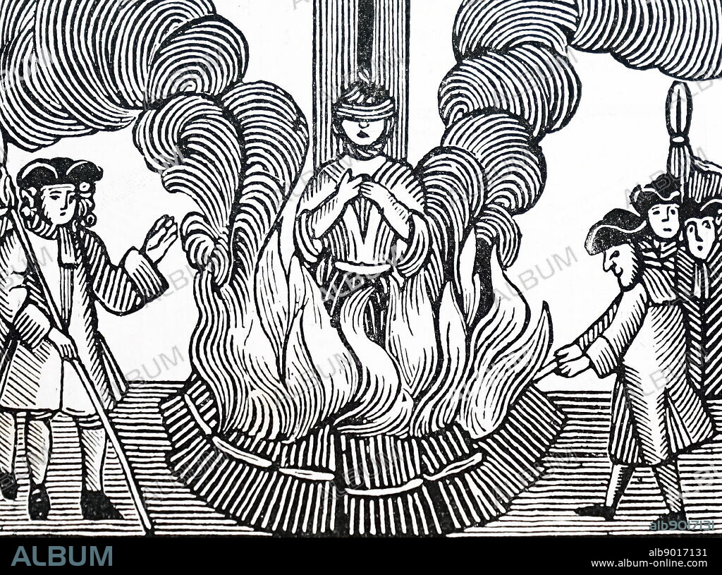 Woodcut depicting the last execution by burning at the stake in England. The Christian bowman (woman) was first hanged, then burned as a punishment for counterfeiting, which was classified as high treason. Dated 18th Century.