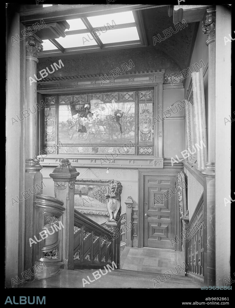 Residence of Potter Palmer, 1350 North Lake Shore Drive, interior of hall stairwell, Chicago, Illinois, ca. 1900.