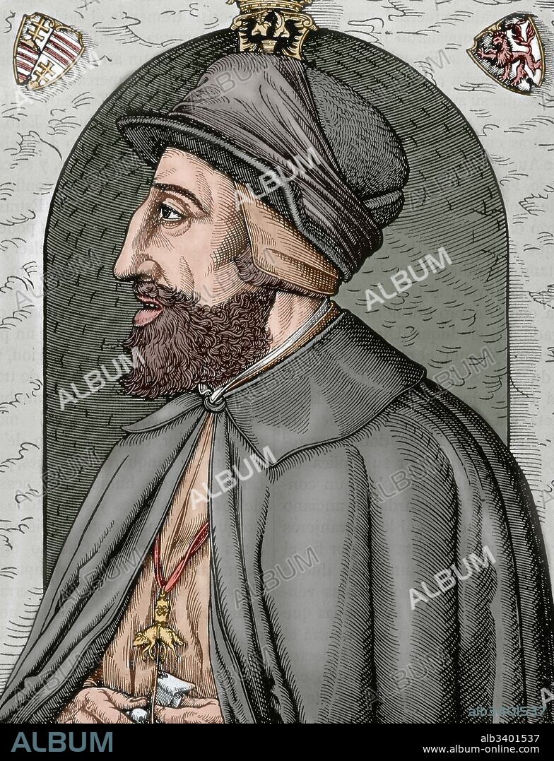 Carlos V (Gante, 1500-Yuste, 1558). Rey de España (1517-1556) y emperador de Alemania (1519-1556). Primer rey hispano de la casa de Austria. Grabado anónimo. Coloreado.