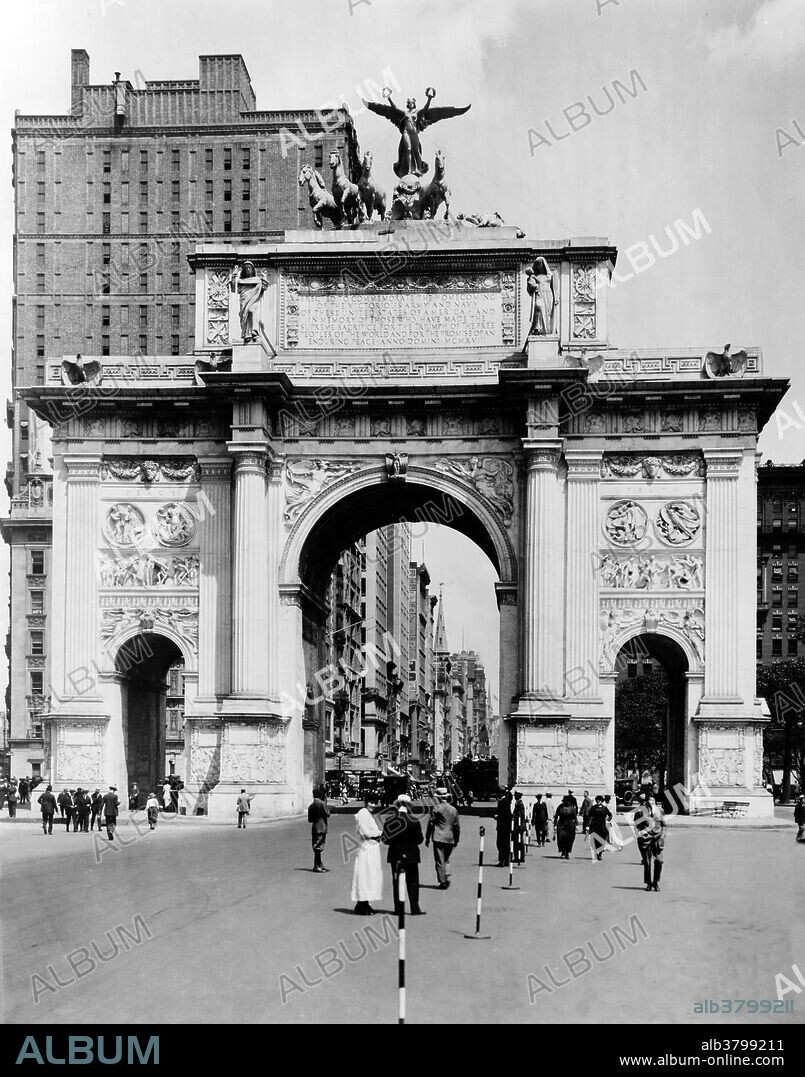 In 1918 Mayor John F. Hylan had a Victory Arch built over Fifth Avenue and 24th Street at Madison Square to commemorate New Yorkers who had died in WWI. The arch was designed by Thomas Hastings and was modeled after the Arch of Constantine in Rome using temporary materials (wood and plaster). Relief panels commemorating important battles and war service organizations covered the $80,000 triple arch. Plans to make the Victory Arch a permanent monument were thwarted by a group of sculptors who felt it was too vengeful towards the Germans, and Fiorello H. LaGuardia publicly denounced the project as an "Altar of Extravagance." Photographed by American Studio, 1919.