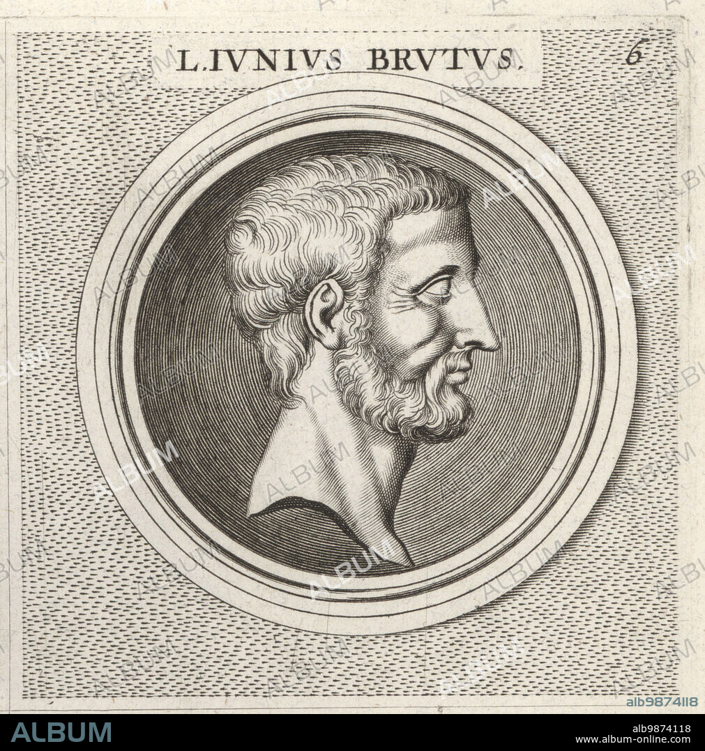 Lucius Junius Brutus, semi-legendary founder of the Roman Republic, 6th century BC. Traditionally one of its first consuls in 509 BC. L. Iunius Brutus. Copperplate engraving after an illustration by Joachim von Sandrart from his LAcademia Todesca, della Architectura, Scultura & Pittura, oder Teutsche Academie, der Edlen Bau- Bild- und Mahlerey-Kunste, German Academy of Architecture, Sculpture and Painting, Jacob von Sandrart, Nuremberg, 1675.