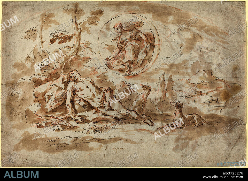 GASPARE DIZIANI. Diana and Endymion. Dimensions: overall: 23.9 x 35.1 cm (9 7/16 x 13 13/16 in.). Medium: pen and brown ink with brown wash and red chalk.