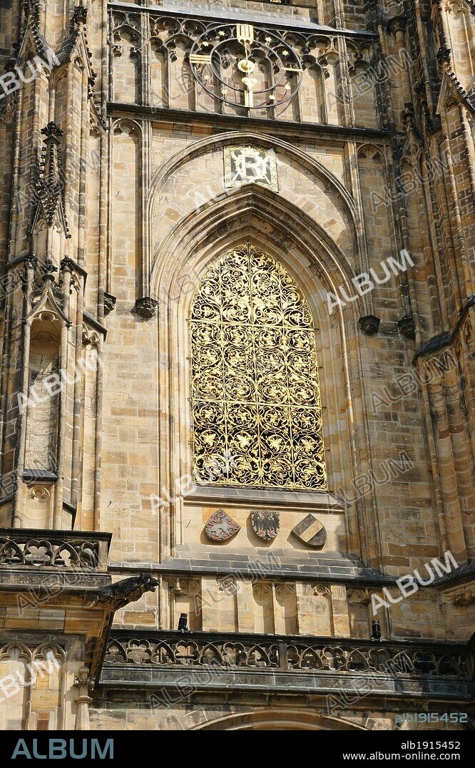Czech Republic. Prague. St. Vitus Cathedral. Gothic style, 14th century. Main Tower, built by Peter Parler (1333-1399). Architectural detail of  a window. Castle complex. Hradcany district.