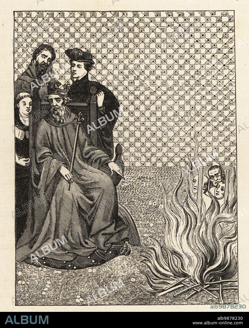 King Philip II of France watching the burning of 10 Amalricians, disciples of Amalric of Bena, at the stake outside Paris. Les disciples dAmaury sont brules par ordre de Philippe-August, 1208. Minature from Chroniques de Saint-Denis, 14th century. Woodcut from Paul Lacroixs La Vie Militaire et Religieuse au Moyen Age et a lEpoque de la Renaissance, Military and Religious Life in the Middle Ages and the Renaissance, Paris, 1873.