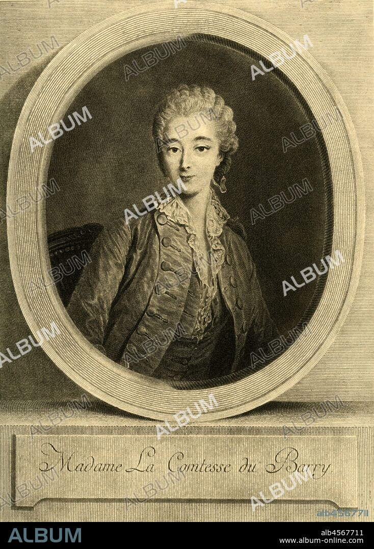 'Madame La Comtesse du Barry', c1770s?, (1903). Portrait of Jeanne Bécu, Comtesse Du Barry (1743-1793), wearing jacket and lace collar. She was the last Maîtresse-en-titre (chief mistress) of King Louis XV of France, and one of the victims of the Reign of Terror during the French Revolution. Engraving by Jacques Firmin Beauvarlet after a painting by François Hubert Drouais. From "La Revue De L'Art Ancien et Moderne" - Volume XIV, July-December 1903, [Paris, 1903].