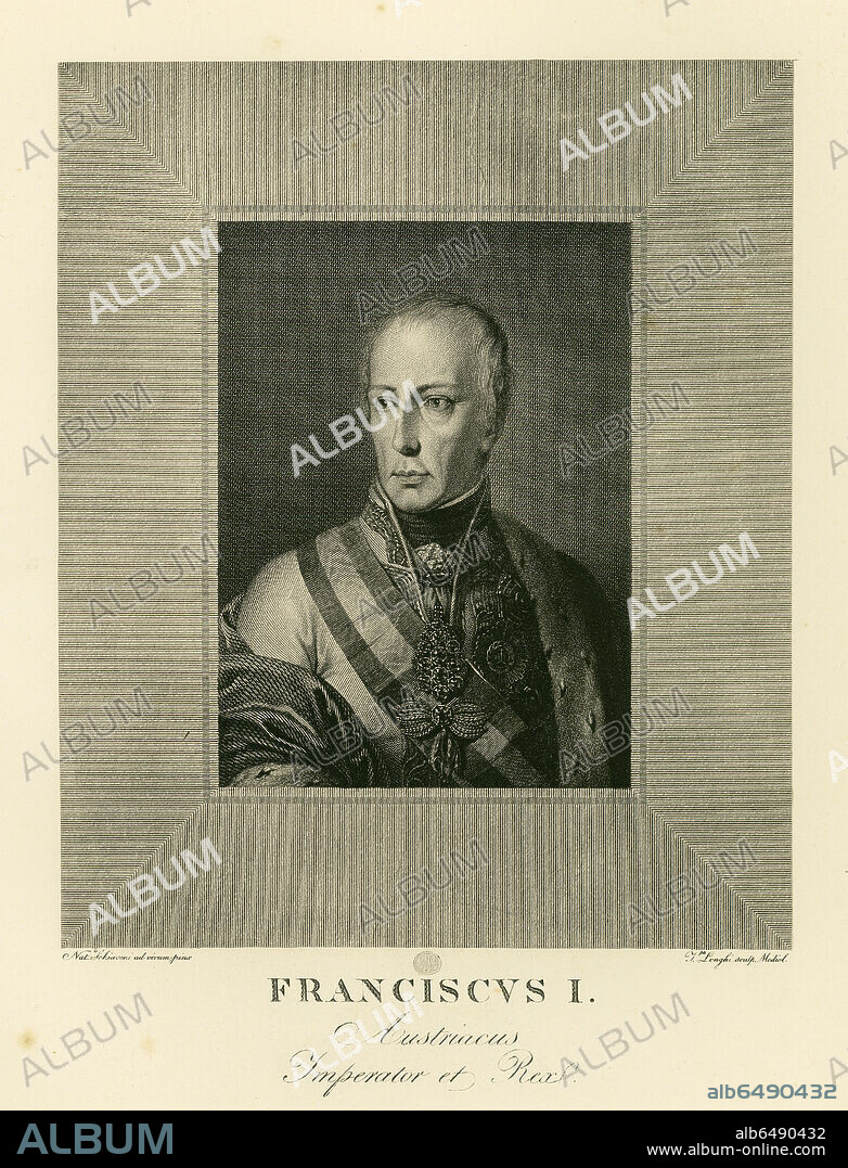 Franz II (Franz I of Austria), Holy Roman Emperor, Emperor of Austria (1768-1835). 
Phototype from "Allgemeines Historisches Porträtwerk" (historical portraits), a collection of 600 portraits of the most famous persons of all cultures and origis since 1300. Volume one: dukes and popes. Munich, 1884. Verlagsanstalt fuer Kunst und Wissenschaft, vormals Friedrich Bruckmann.