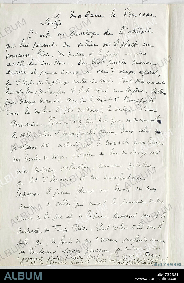 Lettre de Marcel PROUST a la Princesse Soutzo, lui parlant de son inspiration d'elle dans A la recherche du Temps perdu, ' Swann au lieu de Soutzo est une meprise volontaire, comme zibeline au lieu d'hermine est un involontaire lapsus....' . vers 1913, (Helene, princesse de Soutzo femme de Paul Morand) Collection privee. Credit MIGNY/KHARBINE TAPABOR.