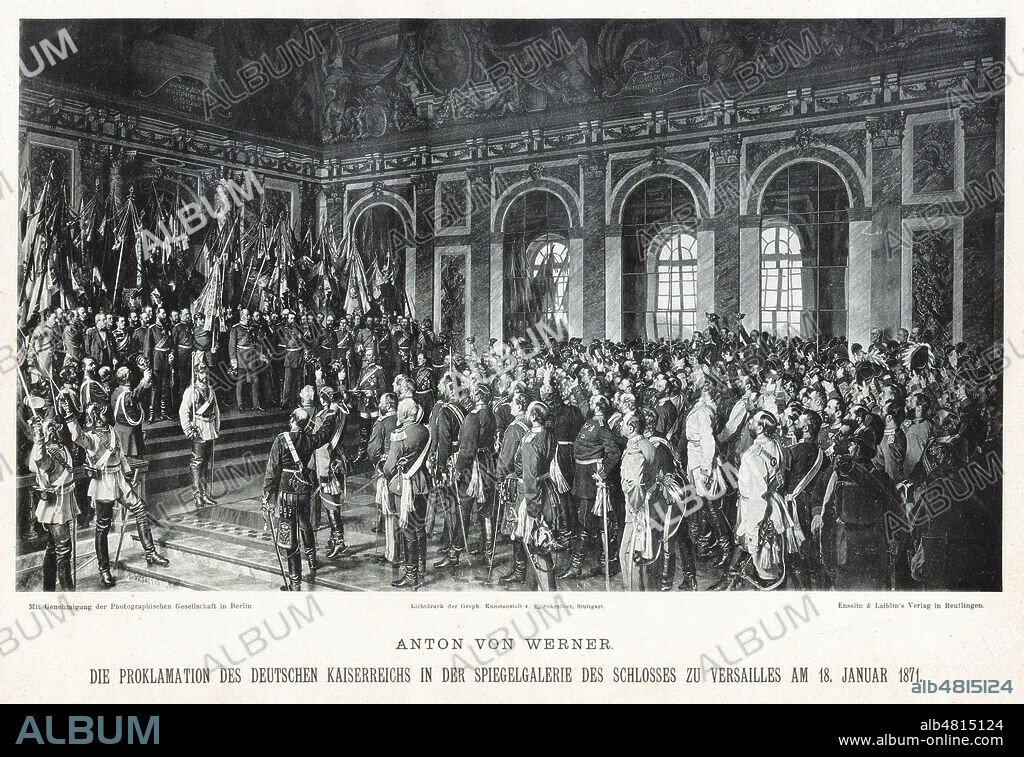 Proclamation de l'Empire d'Allemagne dans la Gallerie des Glaces du Chateau de Versailles le 18 janvier 1871. Gravure d'apres le tableau de Anton von WERNER (1843-1915) tiree de l'ouvrage Der Deutsch Franzosische Krieg publie par Egmont Fehleisen en 1871. Credit : Collection Jonas/KHARBINE-TAPABOR.