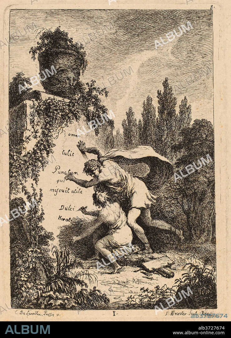 FRANZ EDMUND WEIROTTER AFTER ÉTIENNE DE LAVALLéE-POUSSIN. Nella Venuta in Roma: pl. 1. Dated: 1764. Dimensions: plate: 10 x 14.1 cm (3 15/16 x 5 9/16 in.)  sheet: 15.9 x 11.1 cm (6 1/4 x 4 3/8 in.). Medium: etching on laid paper.