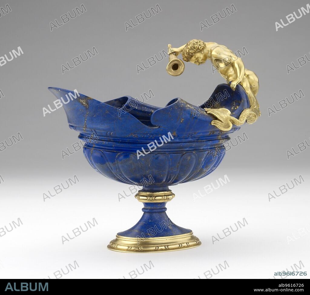 Ewer, c1608. Ewer, carved from two pieces of lapis lazuli. The foot, collar and handle are gold. The handle is formed as a two-tailed triton with a horn. The carving probably by Ottavio Miseroni. The gold perhaps by Paulus van Vianen. Dimensions: height: 16.7 cm.