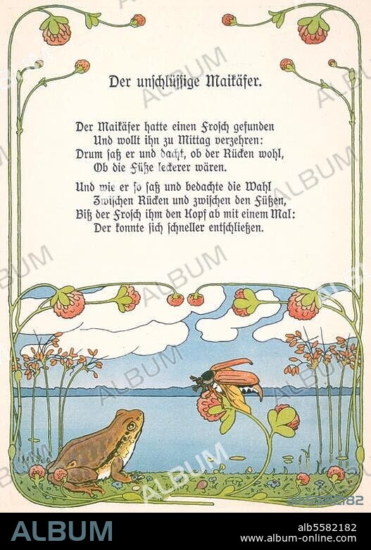 Zoologie:. Maikäfer. "Der unschlüssige Maikäfer". Farbdruck nach Zeichnung von Reinhold Hansche (geb. 1867). Aus: Mit Sang und Klang das Jahr entlang! Neue Kinderlieder von Carl Ferdinands. 2. Aufl., Leipzig (Alfred Hahn) o. j. (um 1910), S. 16. Berlin, Sammlung Archiv für Kunst und Geschichte.
