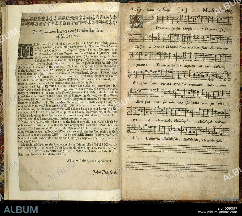 Musical score. Cantica Sacra: containing Hymns and Anthems for Two Voices to the Organ, both Latine and English. Composed By Richard Dering. Dr. Christoph: Gibbons, Dr. Benjamin Rogers, Mr. Matth. Locke, and Others. The Second Sett. Cantus. (Bassus.) (Basso Continuo.) [With a preface by J. Playford.].. London : W. Godbid, for John Playford, 1674. Source: K.3.m.6, 1st opening. Language: English.