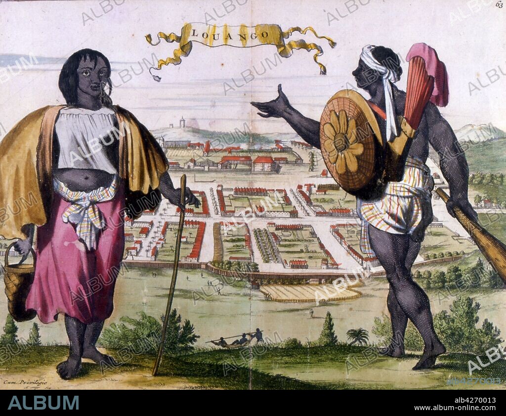 The Kingdom of Loango was a pre-colonial African state, during approximately the 16th to 19th centuries in what is now the western part of the Republic of the Congo. Print 19th century.