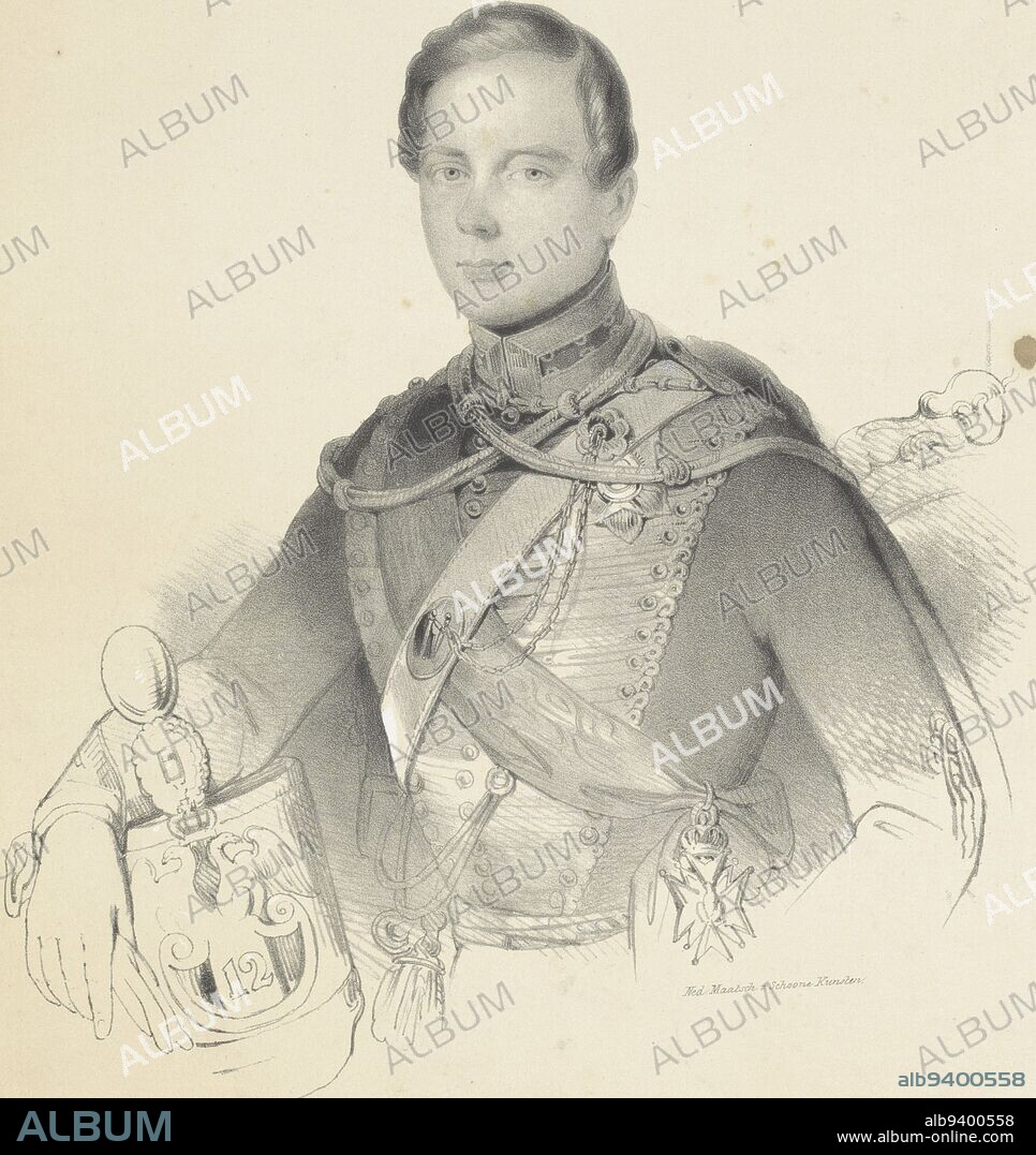 Portrait of Charles Alexander of Saxe-Weimar-Eisenach, unknown, 1840 - c. 1843, Portrait of Charles Alexander of Saxe-Weimar-Eisenach. In the lower margin his name and title., print maker: unknown, publisher: Nederlandse Maatschappij van Schoone Kunsten, (mentioned on object), print maker: Netherlands, publisher: The Hague, 1840 - c. 1843, paper, h 353 mm × w 246 mm.