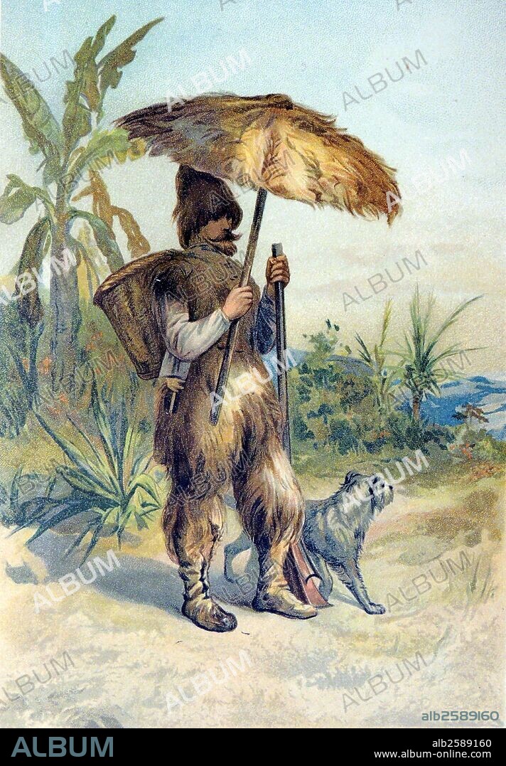 Shipwrecked, Robinson Crusoe, dressed in goatskins, explores his island. Illustration for ''The Life and Strange and Surprising Adventures of Robinson Crusoe'' by Daniel Defoe, first published 1719.