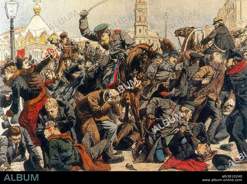 Bloody Sunday is the name given to the events of Sunday, January 22 (O.S. January 9), 1905 in St Petersburg, Russia, when unarmed demonstrators led by Father Georgy Gapon were fired upon by soldiers of the Imperial Guard as they marched towards the Winter Palace to present a petition to Tsar Nicholas II of Russia. Bloody Sunday caused grave consequences for the Tsarist autocracy governing Imperial Russia, showing disregard for ordinary people which undermined the state. The events in St. Petersburg provoked public outrage and a series of massive strikes that spread quickly throughout the industrial centers of the Russian Empire. The number killed is uncertain but the Tsar's officials recorded 96 dead and 333 injured; anti-government sources claimed more than 4,000 dead; moderate estimates still average around 1,000 killed or wounded, both from shots and trampled during the panic. The massacre on Bloody Sunday is considered to be the start of the active phase of the Revolution of 1905 and one of the key events which led to the Russian Revolution of 1917. Published in "Le Petit Journal", no artist credited, undated.