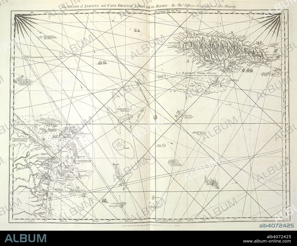 'The Island of Jamaica and Cape Gracias a Dios with the Banks'. The West-India Atlas: or, a compendious description of the West-Indies: illustrated with forty correct charts and maps ... together with an historical account of the various countries and islands ... By the late Thomas Jefferys, etc. London : Robert Sayer & John Bennett, 1775. Source: Maps C.11.b.18, no.16. Language: English.