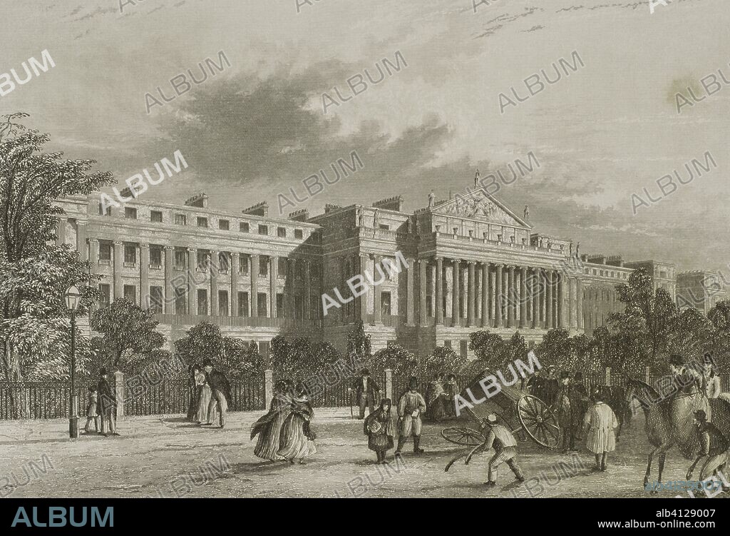 Reino Unido. Inglaterra. Londres. Las más hermosas "terraces" edificadas por el arquitecto inglés John Nash (1752-1835). Grabado por John Woods (fl.1835-1855) a partir de un dibujo por Robert Garland, desarrollado para su publicación por el pintor paisajista John Francis Salmón (1808-1886). Cumberland Terrace. Regent Park. "London and its Environs", h. 1840 ("Londres y sus Alrededores"). Biblioteca Histórico Militar de Barcelona, Cataluña, España.