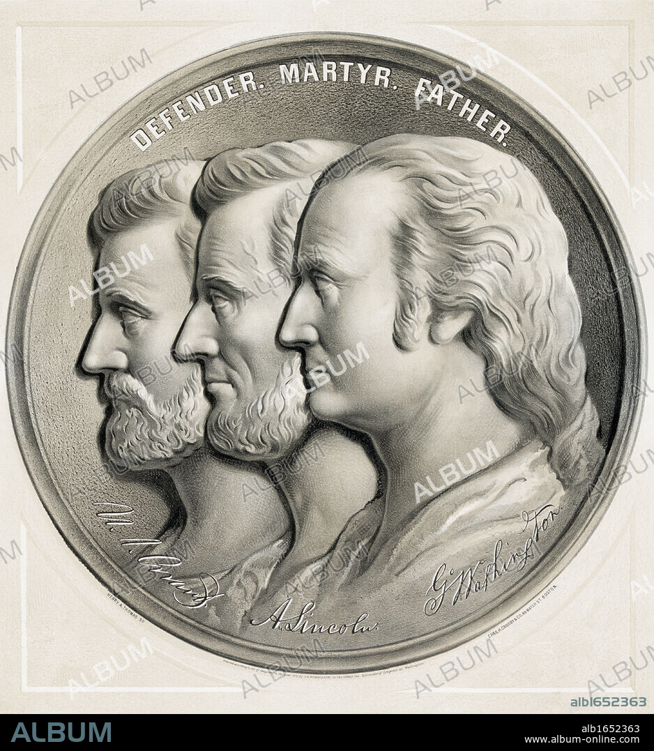 Lithograph from 1870 of medallion showing Ulysses S. Grant, Abraham Lincoln and George Washington as Defender, Martyr and Father.