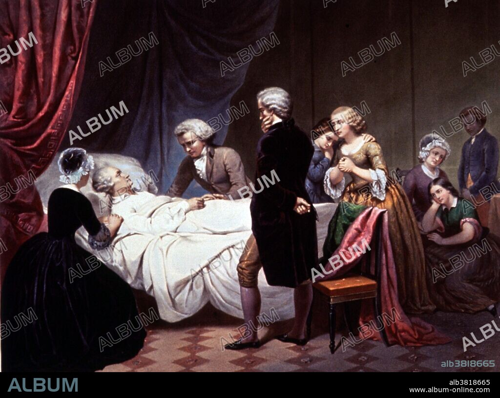 George Washington on his death bed, surrounded by friends and family. On December 12, 1799, Washington spent several hours inspecting his property on horseback. The weather was bad, with snow, hail and freezing rain. He sat down to supper that evening without changing his wet clothes. The next morning, he awoke with a bad cold, fever and a throat infection that turned into acute laryngitis and pneumonia. Washington died on the evening of December 14, 1799, at his home aged 67. It was recorded that the Last Words of George Washington were, "It is Well".George Washington (1731 or 1732-1799) was the first President of the United States of America, serving from 1789 to 1797, and dominant military and political leader of the United States from 1775 to 1799. He led the American victory over Great Britain in the American Revolutionary War as commander-in-chief of the Continental Army from 1775 to 1783, and presided over the writing of the Constitution in 1787. Washington became the first president by unanimous choice, and oversaw the creation of a strong, well-financed national government that maintained neutrality in the wars raging in Europe, suppressed rebellion and won acceptance among Americans of all types. His leadership style established many forms and rituals of government that have been used since, such as using a cabinet system and delivering an inaugural address. Washington is universally regarded as the "Father of his country".