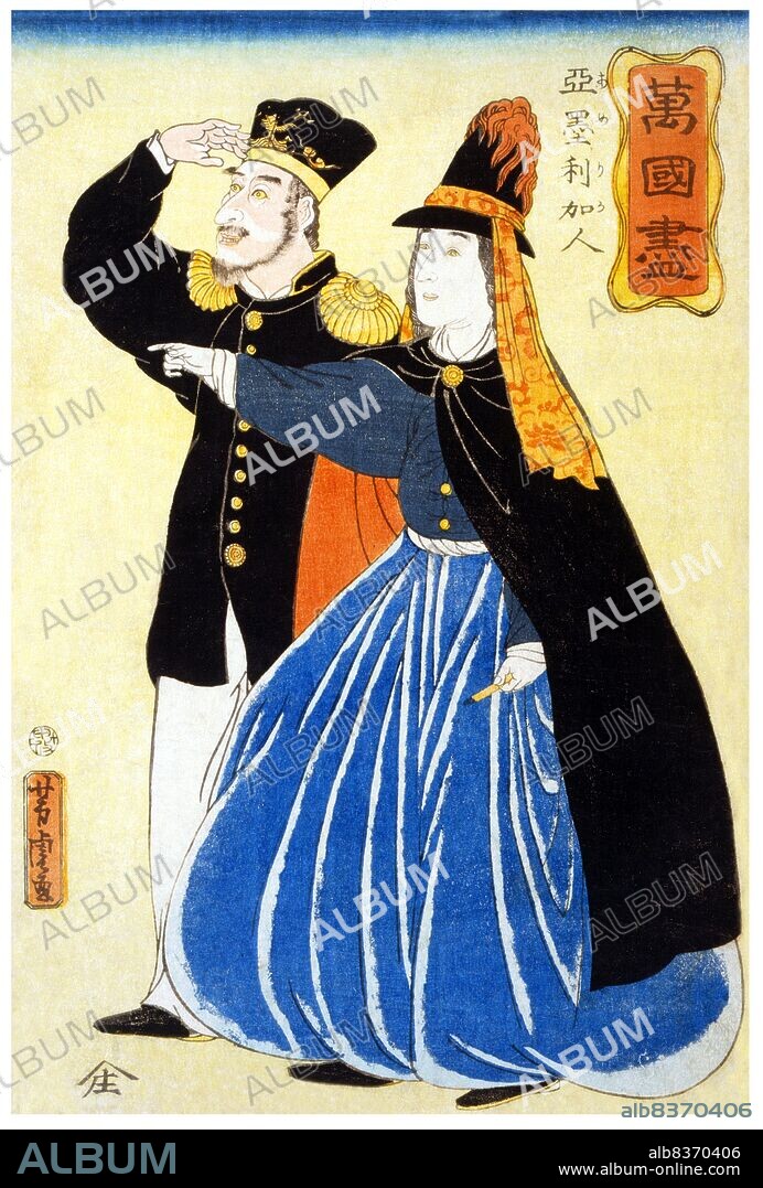 Japanese woodblock print showing an American couple looking at something in the distance<br/><br/>. Utagawa Yoshitora was a designer of <i>ukiyo-e</i> Japanese woodblock prints and an illustrator of books and newspapers who was active from about 1850 to about 1880. He was born in Edo (modern Tokyo), but neither his date of birth nor date of death is known. He was the oldest pupil of Utagawa Kuniyoshi who excelled in prints of warriors, kabuki actors, beautiful women, and foreigners (<i>Yokohama-e</i>).