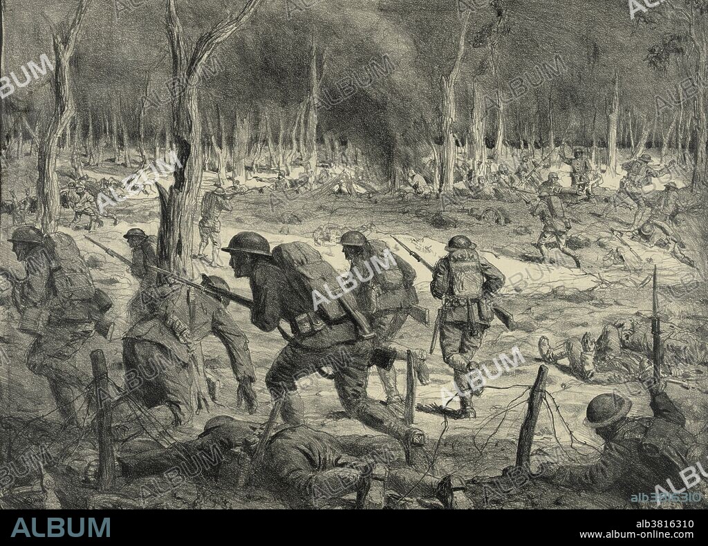 Sketch of an infantry attack in woods at Argonne front by Lucien Jonas. The Battle of the Argonne Forest, was a part of the final Allied offensive of WWI that stretched along the entire Western Front. It was fought from September 26, 1918, until the Armistice on November 11, a total of 47 days. The battle was the largest in United States military history, involving 1.2 million American soldiers, and was one of a series of Allied attacks known as the Hundred Days Offensive, which brought the war to an end. The Meuse-Argonne was the principal engagement of the American Expeditionary Forces during WWI.