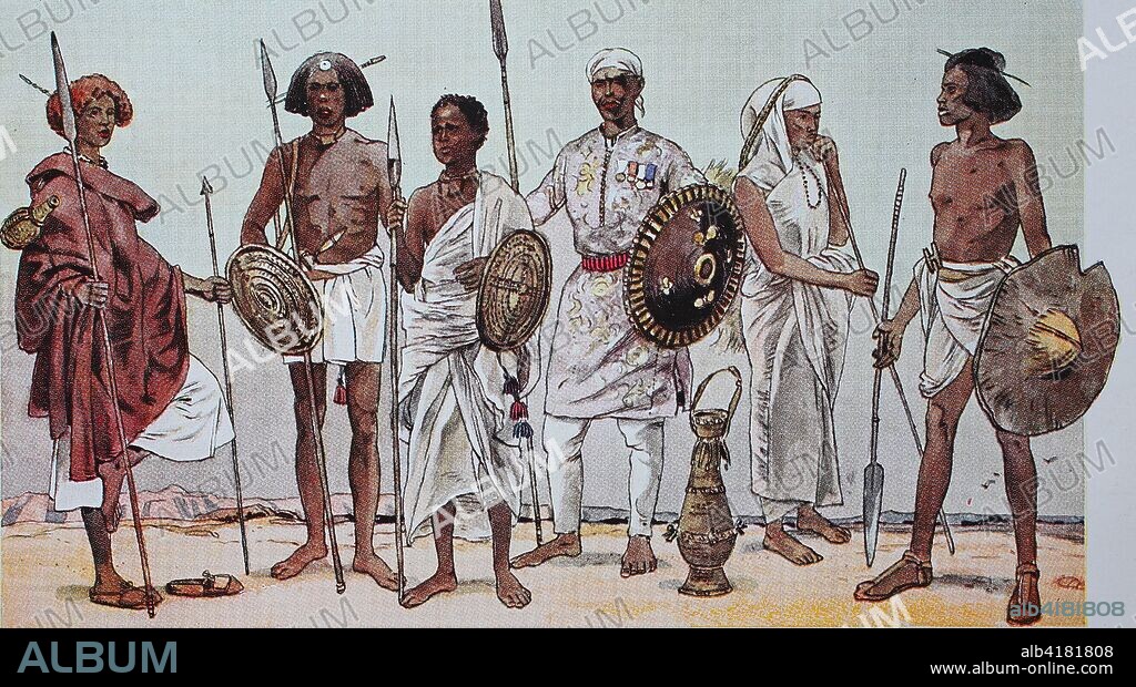 Clothing, fashion in Africa, East Africa, from the left, an Ugly warrior, Somali, in marching gear, a Somali warrior and a young cotton-throwing Somali warrior, an Abyssinian warrior in brocade shirt and a Somali bedouin woman and a Nubian warrior, digital improved reproduction from an original from the year 1900.