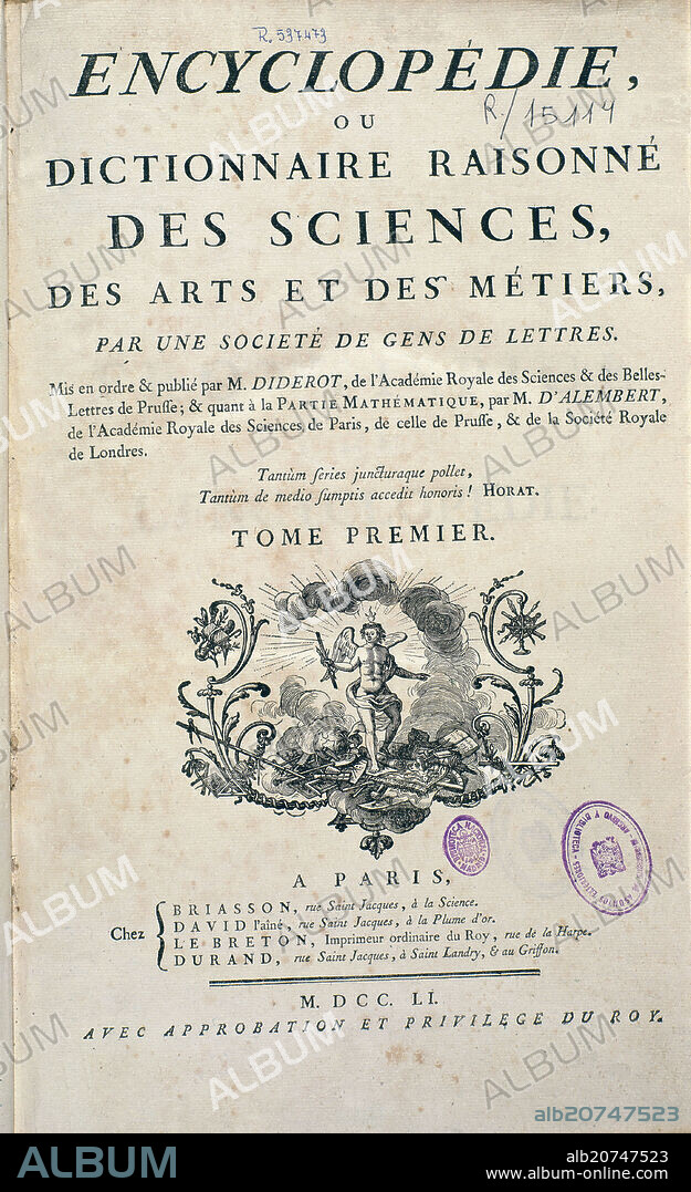 DENIS DIDEROT-JEAN LE ROND D ALEMBERT (S XVIII). ENCICLOPLEDIA FRANCESA O DICCIONARIO RAZONADO DE LAS CIENCIAS ARTES Y OFICIOS-TOMO I-PARIS 1759.