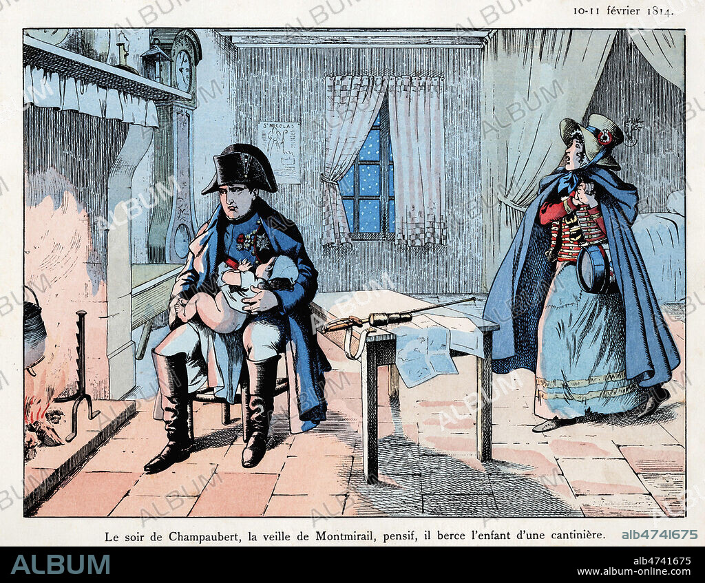 Le soir de Champaubert, la veille de Montmirail, pensif, il berce l'enfant d'une cantiniere (10 fevrier 1814). illustration vers 1893 par JOB (1858-1931) pour Le grand Napoleon des petits enfants par Jules de MARTHOLD (1847-1927). Credit : Coll. Jonas/KHARBINE-TAPABOR.