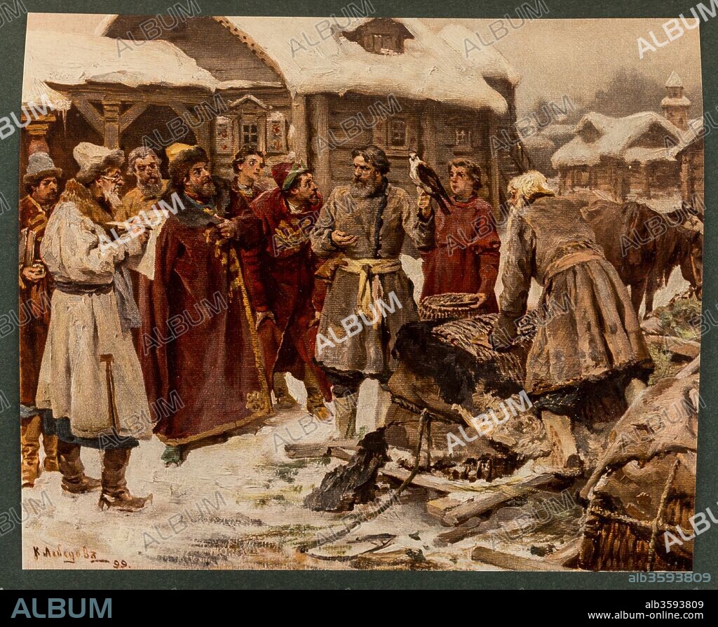 KLAVDI VASILYEVICH LEBEDEV. Falconers at the Amusement court of Moscow in the 17th Century. From: The Grand Ducal, Tsarist and Imperial Hunting in Russia.