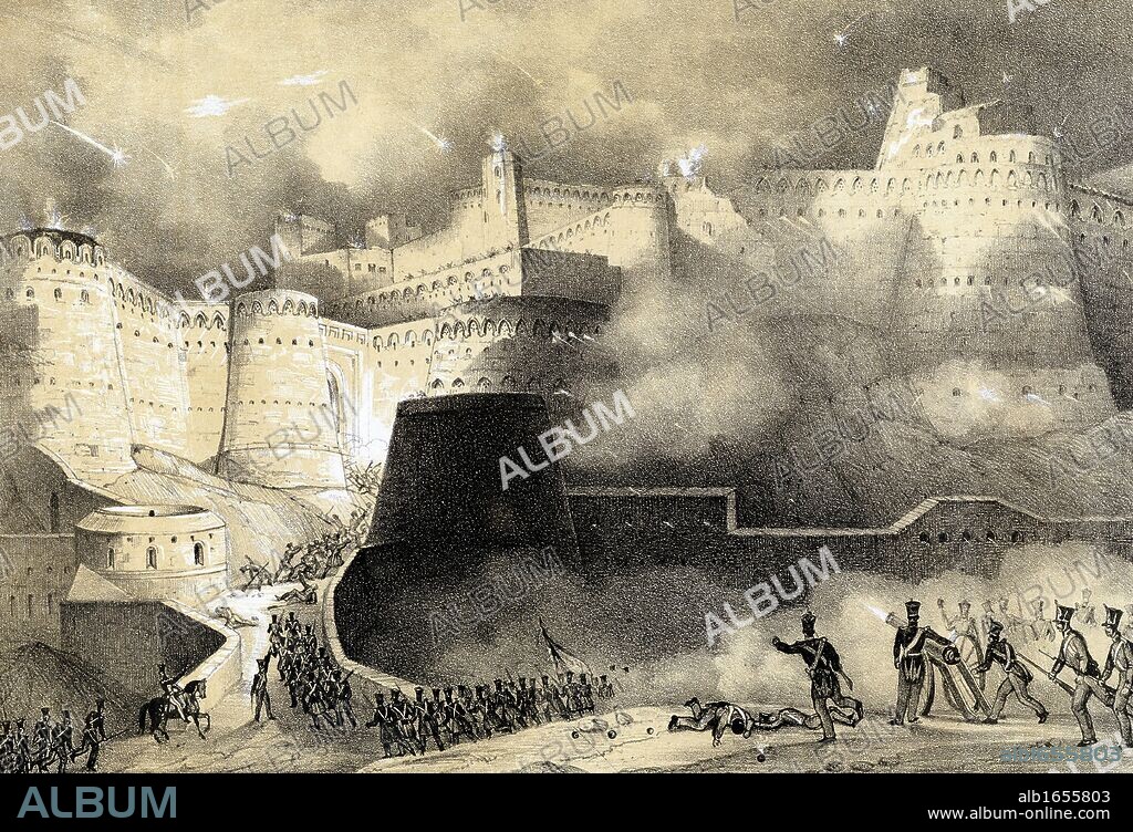 Second Anglo-Afghan War 1878-1880: Capture of Ghunzee by British forces, March 1880. Tinted lithograph.