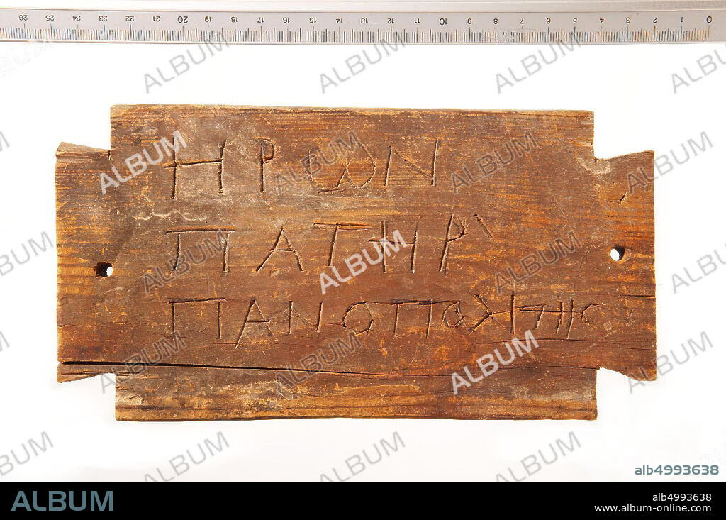 plank, rectangle, Heron, Father, Panopolites, mummy-label, wood, 12 x 23 cm, Greco-Roman Period, Egypt.
