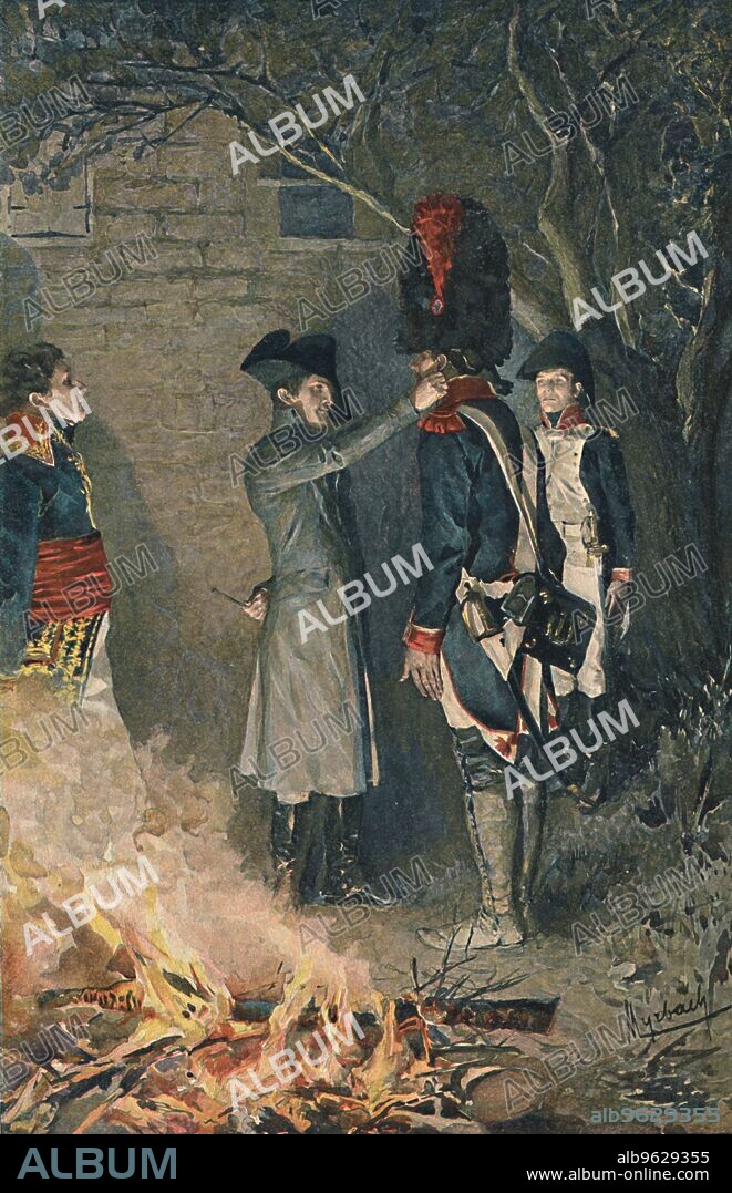 'Bonaparte and Coignet', 1896. Napoleon Bonaparte (1769-1821) and Jean-Roch Coignet (1776-1865). Coignet was a French soldier who served in the military campaigns of the Consulate and First French Empire. He later wrote his memoirs detailing his military service, The Notebooks of Captain Coignet. Typogravure after the aquarelle by F De Myrbach. From Life of Napoleon Bonaparte, Volume II, by William Milligan Sloane. [The Century Co., Macmillan & Co., Limited, New York & London, 1896].