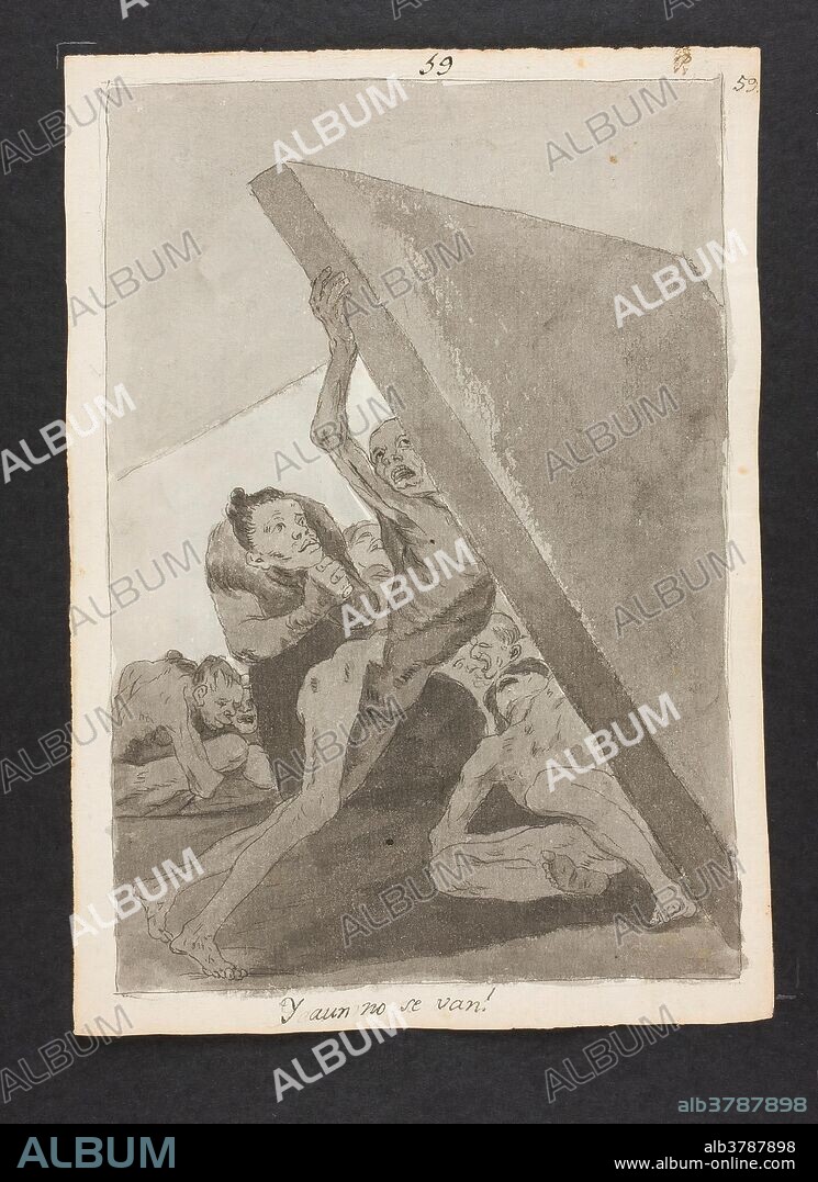 ANÓNIMO. Anónimo (Copia de Goya y Lucientes, Francisco de) / 'Y aun no se van!. Capricho 59'. Mediados del siglo XIX. Aguada, Lápiz, Pluma, Tinta china, Tinta agrisada, Tinta ferrogálica sobre papel verjurado, 215 x 150 mm.