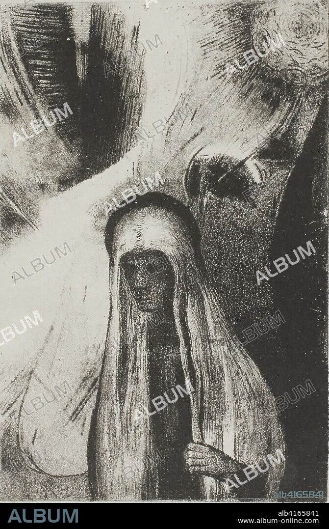The Old Woman: What Are You Afraid Of? A Wide Black Hole! It is Empty Perhaps?", plate 19 of 24. Odilon Redon; French, 1840-1916. Date: 1896. Dimensions: 163 × 107 mm (image); 162 × 109 mm (chine); 519 × 349 mm (sheet). Lithograph in black on light gray China paper laid down on ivory wove paper. Origin: France.