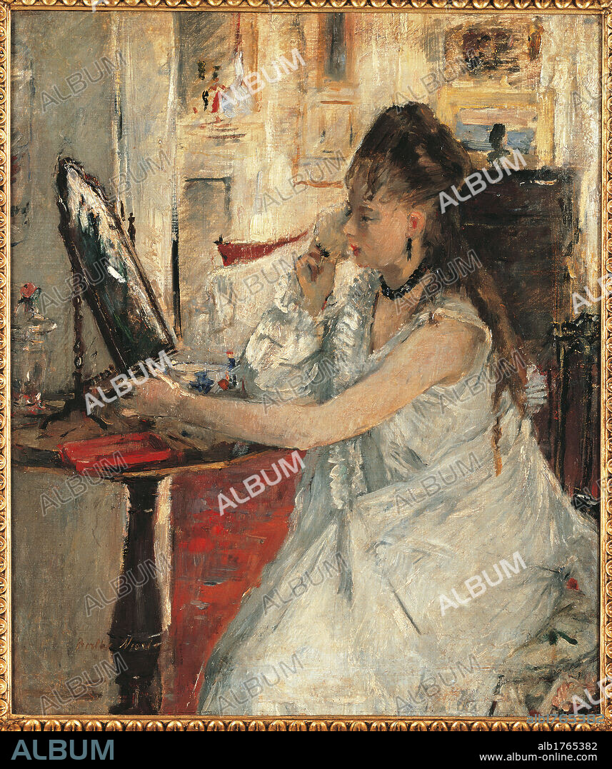 Young Woman Powdering Her Face, by Berthe Morisot, 1877, 19th Century, oil on canvas, cm 46 x 30. France, Ile de France, Paris, Muse dOrsay, RF1937-44. All. Young woman dressing room mirror room powder untied hair white table small pot flower necklace earring.