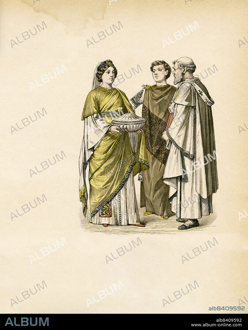 Woman with Two Men in Traditional Dress, Byzantine Empire, early 6th Century, Illustration, The History of Costume, Braun & Schneider, Munich, Germany, 1861-1880.