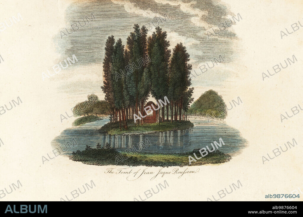 Tomb of Jean-Jacques Rousseau, French writer. Designed by Hubert Robert on the Isle of Poplars, Ile des Peupliers, Ermenonville, France. Handcoloured copperplate engraving by James Caldwell from Dr. Robert John Thorntons New Illustration of the Sexual System of Carolus von Linnaeus, the Temple of Flora, London, 1801.