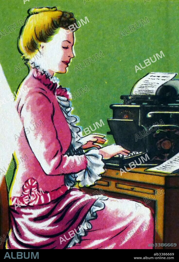1950's English illustration depicting an Edwardian era (1900-1910) female typist or secretary typing on a typewriter.